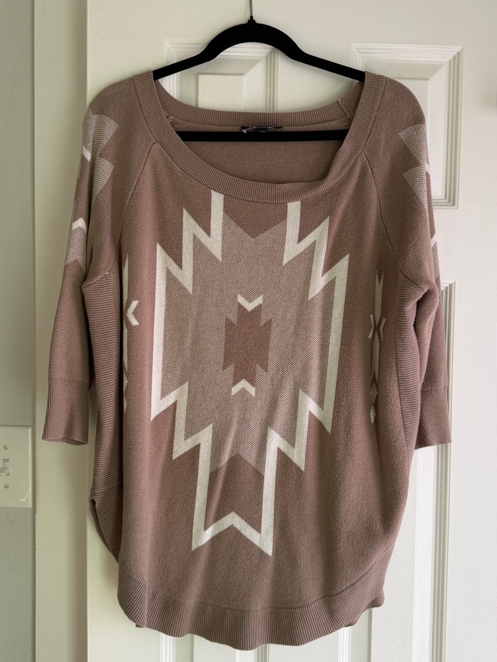 Express Taupe and Cream Aztec Scoop Neck Sweater